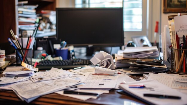 Photo un bureau encombré de papiers, de stylos et d'un écran d'ordinateur montrant une illustration générée par l'ia d'un bureau occupé
