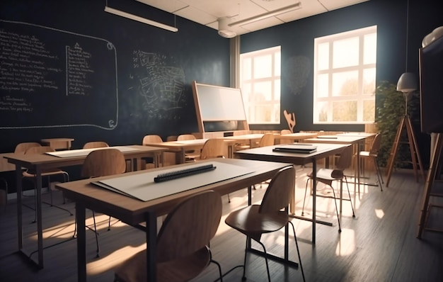 Bureau de l'enseignant en classe avec des chaises de différentes formes