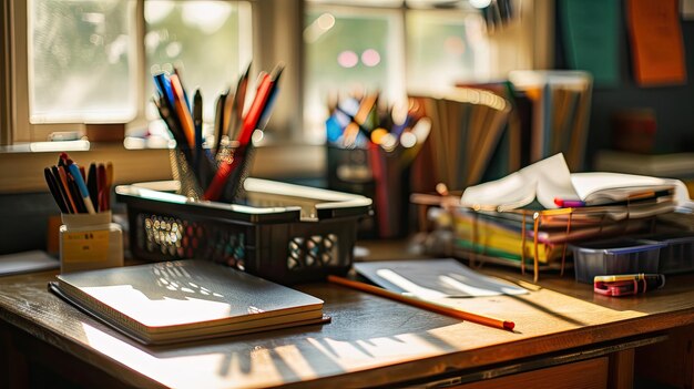 Le bureau des enseignants avec le matériel de classe