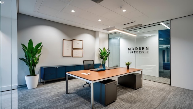 Un bureau d'entreprise moderne avec un bureau élégant et une décoration contemporaine