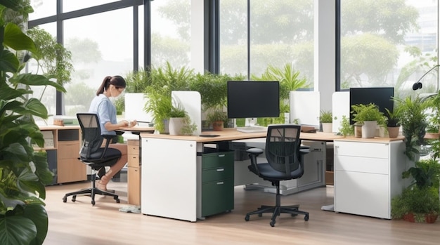 Bureau ergonomique avec bureaux debout et verdure