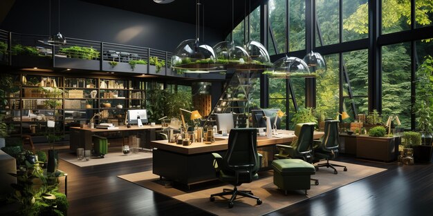 Photo bureau d'espace ouvert spacieux avec meubles modernes, chaises de bureau, bureaux, plantes naturelles vertes et éclairage led. concept d'organisation de l'espace de travail