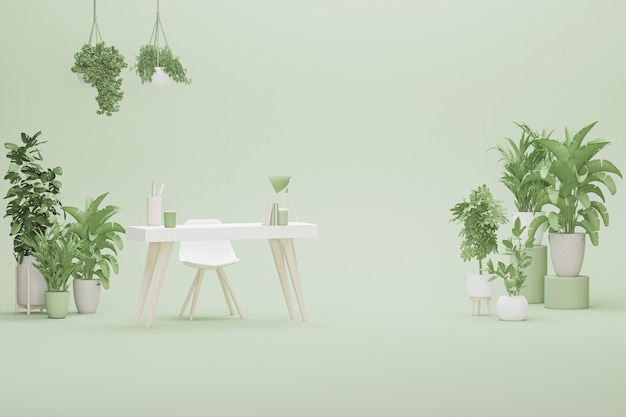 Bureau d'étude et espace de travail à la maison de couleur vert pastel avec plante Rendu 3D de mode de vie sain