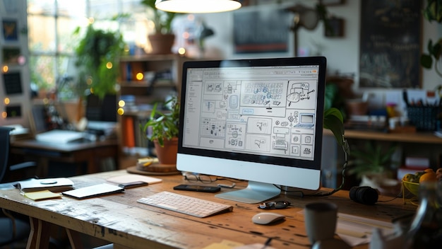 Bureau avec flux de travail de conception UIUX sur un écran d'ordinateur