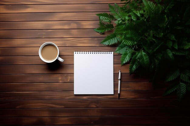 Bureau à fond vertical avec bloc-notes, café et stylo sur la table, espace de copie à vue supérieure plat