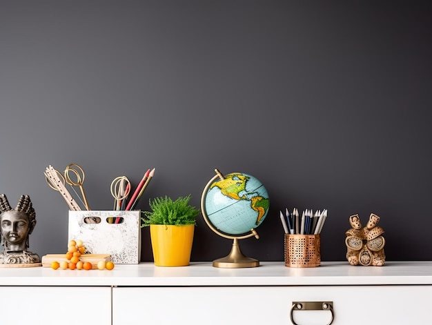 Un bureau avec un globe, des crayons et d'autres articles dans le bureau à domicile avec un fond de mur gris pour la maquette