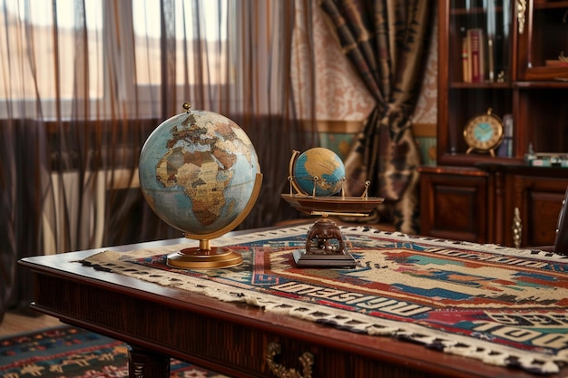 Photo un bureau avec un globe et des souvenirs de voyage