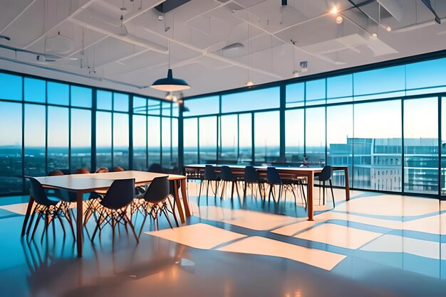 Bureau avec une grande fenêtre et une vue sur une ville.