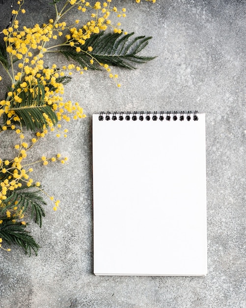 Bureau Gris Avec Bouquet De Fleurs De Mimosa Jaune Et Cahier Propre, Flatlay