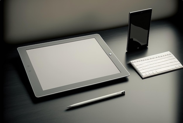 Bureau gris avec une tablette vierge blanche