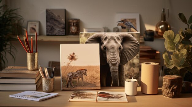 Bureau avec une image d'éléphant et de girafe