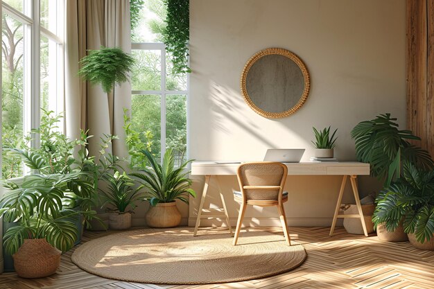 Photo bureau d'intérieur plantes scandinaves minimalistes vase à la lumière du soleil par la fenêtre