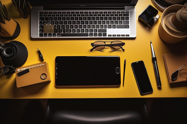 Un bureau jaune avec un ordinateur portable, un stylo, un stylo, un stylo et un ordinateur portable.