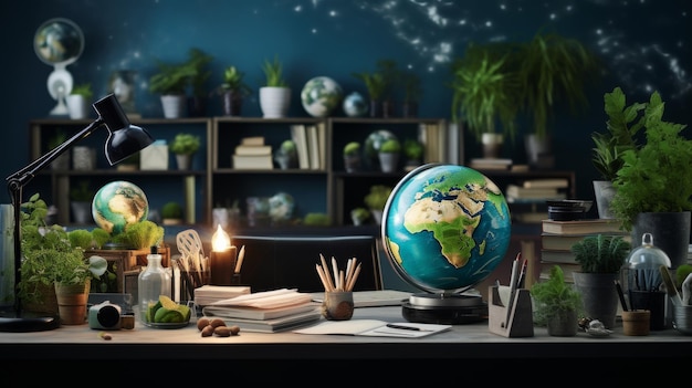 Bureau avec lampe et globe