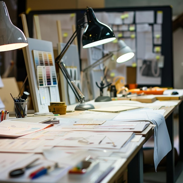 un bureau avec une lampe et une lampe dessus