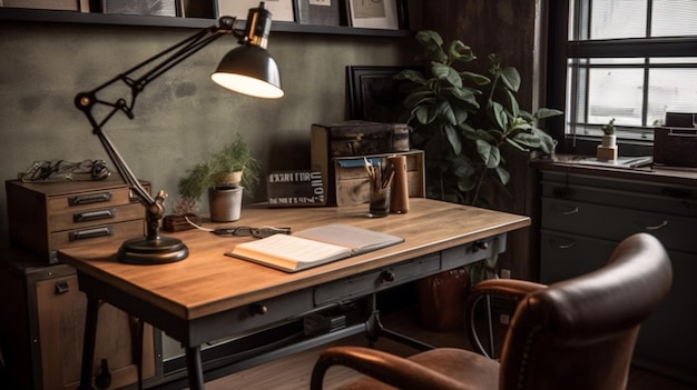 Un bureau avec une lampe et un livre dessus