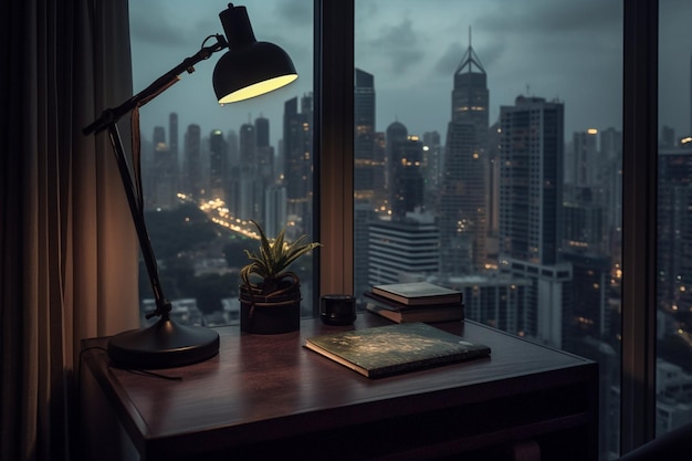 Un bureau avec une lampe et un paysage urbain en arrière-plan