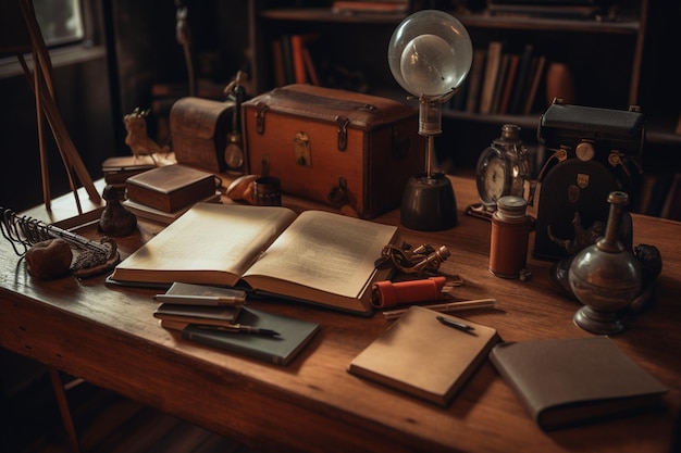 Un bureau avec un livre et une horloge dessus