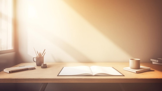 Un bureau avec un livre ouvert dessus et une tasse de café sur la table.