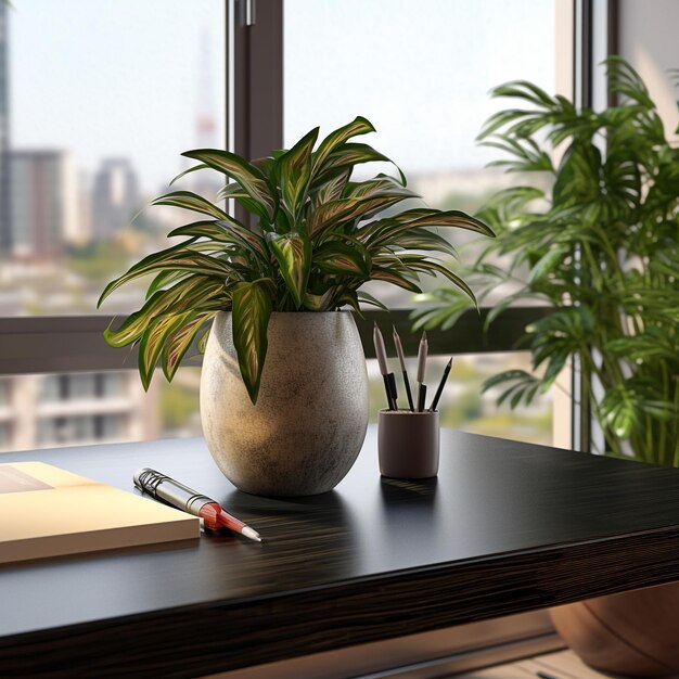 Photo un bureau avec un livre et une plante dedans