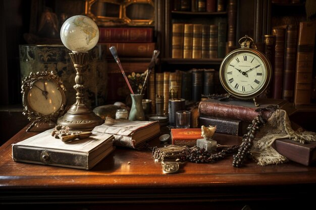 Le bureau avec les livres antiques.