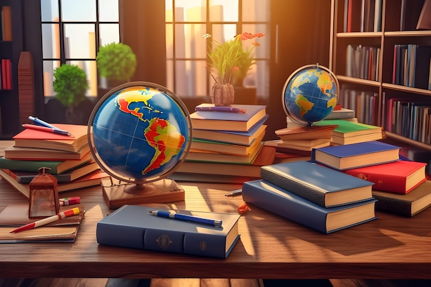 Un bureau avec des livres et des globes dessus