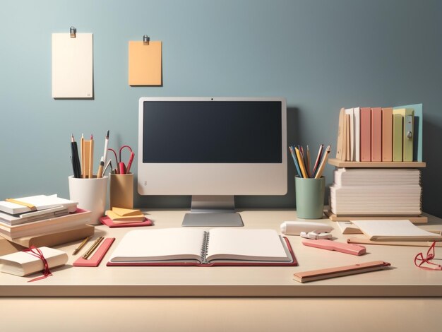 Photo un bureau avec des livres de moniteur d'ordinateur et un cahier dessus