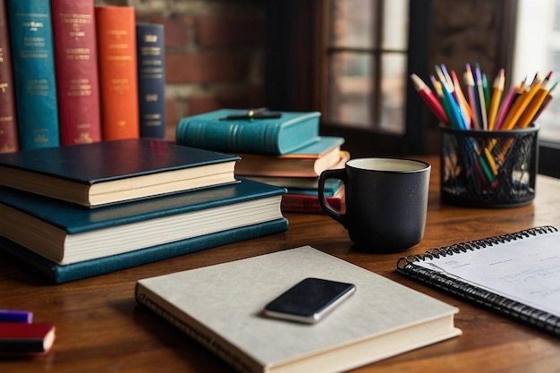 Photo bureau avec livres et papeterie