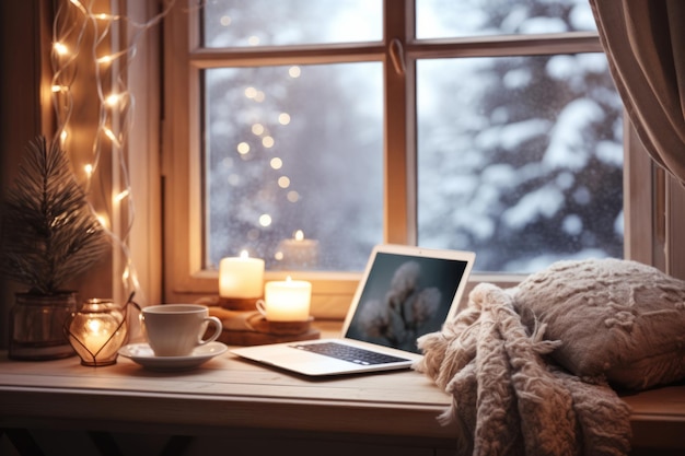 Bureau avec des lumières scintillantes et des décorations d'hiver Espace de travail confortable Illustration générative d'IA