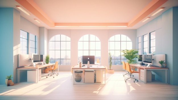 Un bureau lumineux avec un plafond blanc et de grandes fenêtres.