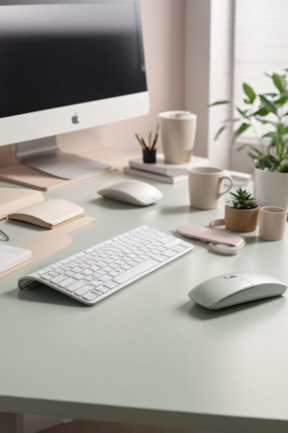 Bureau minimaliste aux couleurs pastel douces, configuration intérieure du bureau à domicile