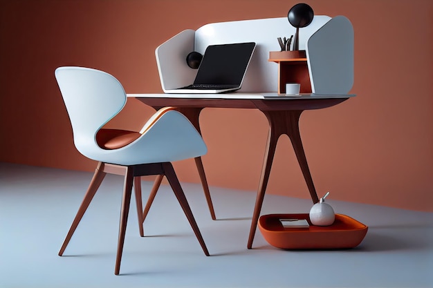 Un bureau minimaliste avec une chaise ergonomique élégante pour ordinateur portable et des accessoires élégants