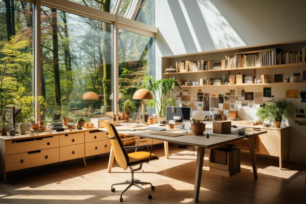Un bureau minimaliste avec lumière naturelle et mobilier moderne génératif IA