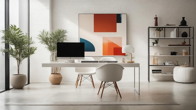 Un bureau minimaliste avec un mur de brique blanche et une élégante table en verre génératrice d'IA