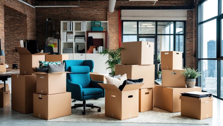 Photo un bureau moderne avec des boîtes déballées symbolisant le déménagement et la transition