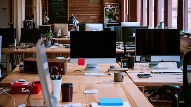 Photo bureau moderne avec bureaux et ordinateurs collaboratifs