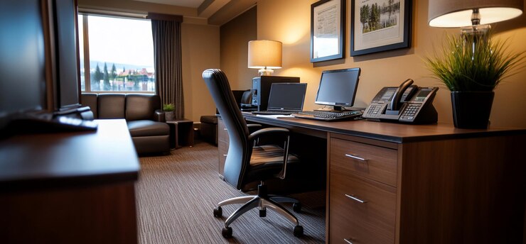Photo un bureau moderne avec une chaise de bureau, deux ordinateurs, un téléphone et une vue.