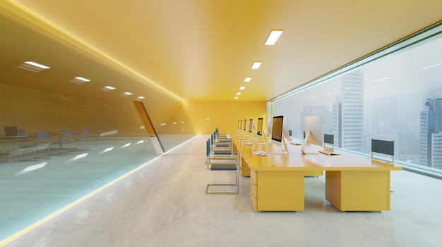 Bureau moderne de conception d'éclairage de mur orange, de sol en ciment et de façade en verre