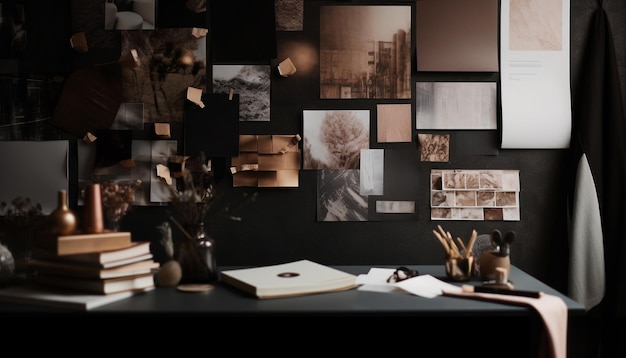 Bureau moderne avec crayon de collection de livres et lampe électrique générée par l'IA