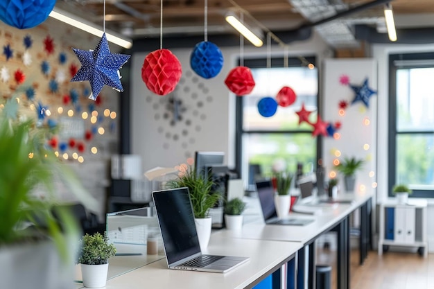 Bureau moderne avec une décoration en étoile de papier et beaucoup d'ornements rouges, blancs et bleus AI générative