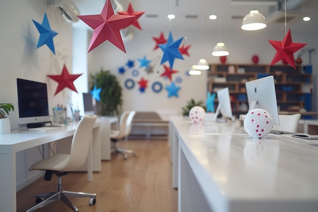 Photo bureau moderne avec une décoration en étoile de papier et beaucoup d'ornements rouges, blancs et bleus ai générative