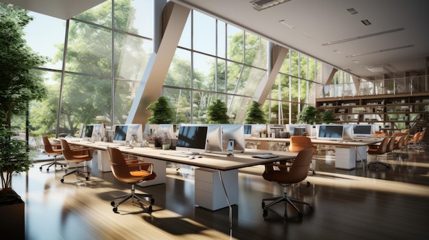 Bureau moderne à espace ouvert sans employés dans un immeuble de luxe Rangées de sol brillant de grands bureaux, chaises, ordinateurs de bureau et fournitures de bureau, espace de détente Murs de verre avec vue sur le parc