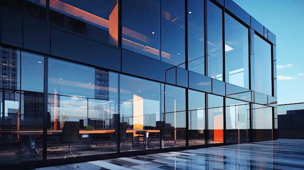 un bureau moderne avec des fenêtres en verre réfléchissantes et un ciel bleu dans le style du noir foncé et de la lumière