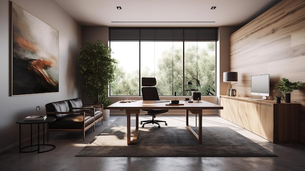 Un bureau moderne avec une grande fenêtre et un bureau avec une chaise et un bureau avec une bibliothèque.