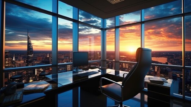 bureau moderne avec lumière du coucher du soleil et fond de vue sur la tour bokeh