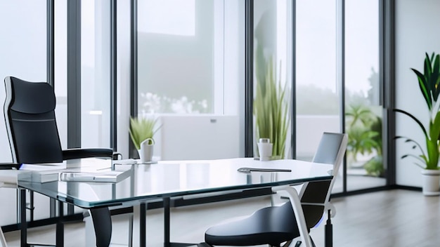 Un bureau moderne et lumineux avec un bureau en verre et une chaise de bureau ergonomique pour le directeur de l'entreprise
