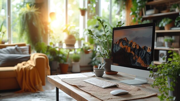 Un bureau moderne et lumineux avec des plantes et de la lumière naturelle