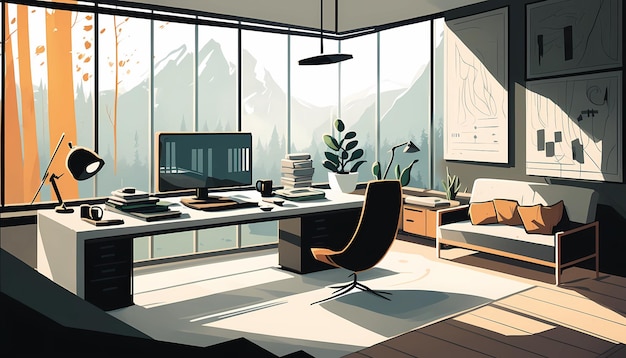 Bureau moderne avec mobilier minimaliste illustration d'art numérique IA générative