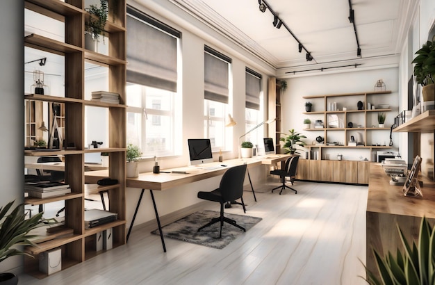 Bureau moderne avec murs blancs et bureaux en bois