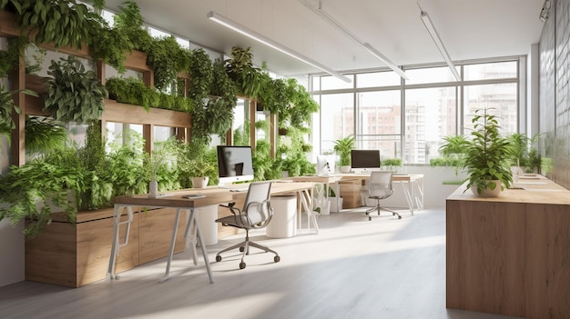 Bureau moderne et respectueux de l'environnement avec des plantes station de travail écologique de haute technologie IA générative